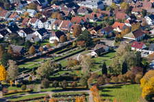 Cemetery Langensteinbach in the district Langensteinbach in Karlsbad in the state Baden-Wuerttemberg, Germany viewn from the air
