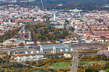Aerial view of Main station Karlsruhe in the district Südweststadt in Karlsruhe in the state Baden-Wuerttemberg, Germany