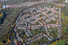 Oblique view of District Weiherfeld-Dammerstock in Karlsruhe in the state Baden-Wuerttemberg, Germany