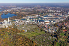 Overview of Karlsruhe's Rhine ports from the south in the district Mühlburg in Karlsruhe in the state Baden-Wuerttemberg, Germany