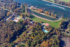 Aerial view of Shore areas of the outdoor swimming pool Rheinstrandbad Rappenwört on the Rhine in the district Daxlanden in Karlsruhe in the state Baden-Wuerttemberg, Germany