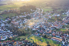 View of the town from the northeast with the collegiate church in the evening light in Klingenmünster in the state Rhineland-Palatinate, Germany