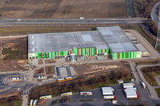 Aerial view of New building of the Pfalzmarkt for fruit and vegetables in Mutterstadt in the state Rhineland-Palatinate, Germany