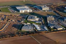 Aerial view of Eizo, MTS Group, TRANSAC International Freight Forwarding Company Ltd. in Rülzheim in the state Rhineland-Palatinate, Germany