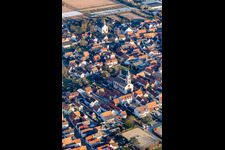 Aerial view of St. Bartholomew and Protestant Church Zeiskam in Zeiskam in the state Rhineland-Palatinate, Germany