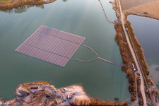 Aerial photograpy of Floating photovoltaic island on the quarry lake in Leimersheim in the state Rhineland-Palatinate, Germany