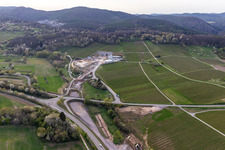 Construction site of the eastern tunnel portal for the Astrid Tunnel for the underpass and bypass of Bad Bergzabern between B38 (Weinstraße) and B427 (Kurtalstraße) in Dörrenbach in the state Rhineland-Palatinate, Germany from above