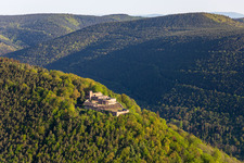 Rietburg Castle Ruins in Rhodt unter Rietburg in the state Rhineland-Palatinate, Germany viewn from the air