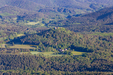 Drone image of Lindelbrunn Castle Ruins in Vorderweidenthal in the state Rhineland-Palatinate, Germany