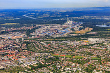 Karlsruhe Rhine ports from the east in the district Mühlburg in Karlsruhe in the state Baden-Wuerttemberg, Germany