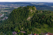 Aerial photograpy of Hohentwiel with fortress ruins from 914 and panoramic views is an extinct volcano in Singen in the state Baden-Wuerttemberg, Germany