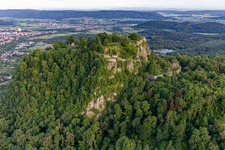 Hohentwiel with fortress ruins from 914 and panoramic views is an extinct volcano in Singen in the state Baden-Wuerttemberg, Germany out of the air
