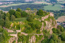 Hohentwiel with fortress ruins from 914 and panoramic views is an extinct volcano in Singen in the state Baden-Wuerttemberg, Germany from the plane