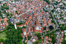 Historic old town of Ravensburg with Mehlsack, Evangelical City Church and Obertor in Ravensburg in the state Baden-Wuerttemberg, Germany
