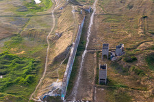 Aerial view of Ancient factory of concassage de galets de Tréguennec in Tréguennec in the state Finistere, France