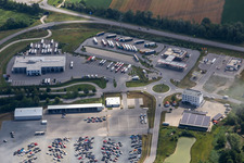 Aerial view of Esso Autohof Pilsting and car auction house Copart Deutschland GmbH - Munich location in Pilsting in the state Bavaria, Germany