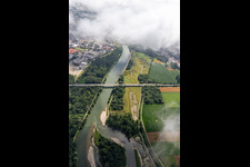 Aerial view of Bridges over the Isar in Landau an der Isar in the state Bavaria, Germany