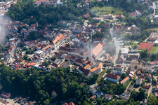 Upper Town Square with the parish church of the Assumption of Mary in the district Zanklau in Landau an der Isar in the state Bavaria, Germany