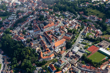 Aerial photograpy of Upper Town Square with the parish church of the Assumption of Mary in the district Zanklau in Landau an der Isar in the state Bavaria, Germany