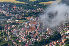 Aerial view of Upper Town Square with the parish church of the Assumption of Mary in the district Zanklau in Landau an der Isar in the state Bavaria, Germany