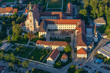 Aerial view of The former abbey church of the Assumption of Mary and monastery courtyard Aldersbach with Aldersbacher Bräustüberl in the district Sankt Peter in Aldersbach in the state Bavaria, Germany