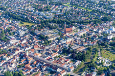 Aerial view of Town square and parish church of the Assumption of Mary in Vilsbiburg in the state Bavaria, Germany