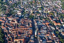 Aerial photograpy of Historic old town with city tower Straubing on Theresienplatz in Straubing in the state Bavaria, Germany