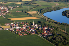 Aerial view of Parish Church of the Assumption of Mary in Pondorf in the district Pondorf in Kirchroth in the state Bavaria, Germany