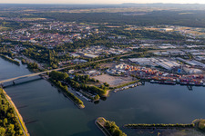 Aerial view of B35 Rhine Bridge and Rhine Port Germersheim in Germersheim in the state Rhineland-Palatinate, Germany