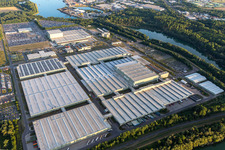 Oblique view of Mercedes-Benz Global Logistics Center on the island of Grün in Germersheim in the state Rhineland-Palatinate, Germany