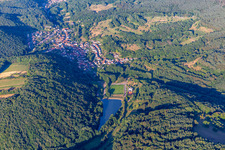 Aerial view of SV Silz behind Lake Silz in Silz in the state Rhineland-Palatinate, Germany