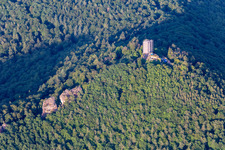 Aerial view of Scharfenberg castle ruins with scaffolding in Leinsweiler in the state Rhineland-Palatinate, Germany
