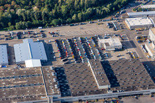 Aerial view of Parked new trucks at the Mercedes-Benz plant in Wörth of Daimler Truck AG in the district Maximiliansau in Wörth am Rhein in the state Rhineland-Palatinate, Germany