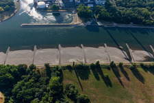 Oblique view of Dry groynes and sandbanks in the Rhine due to low water in the district Maximiliansau in Wörth am Rhein in the state Rhineland-Palatinate, Germany