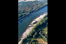 Dry groynes and sandbanks in the Rhine due to low water in Hagenbach in the state Rhineland-Palatinate, Germany