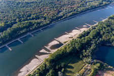 Aerial view of Dry groynes and sandbanks in the Rhine due to low water in Hagenbach in the state Rhineland-Palatinate, Germany