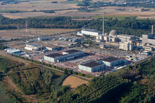 Oblique view of TransnetBW GmbH, direct current substation on the site of the decommissioned nuclear power plant Philippsburg in Philippsburg in the state Baden-Wuerttemberg, Germany