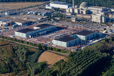 TransnetBW GmbH, direct current substation on the site of the decommissioned nuclear power plant Philippsburg in Philippsburg in the state Baden-Wuerttemberg, Germany from above