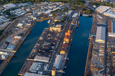 Aerial view of Werftstraße in the Karlsruhe Rhine ports from the west in the district Mühlburg in Karlsruhe in the state Baden-Wuerttemberg, Germany