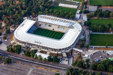 Oblique view of New construction site of the Wildparkstadion of Karlsruher Sport-Club GmbH & Co. KGaA in the district Innenstadt-Ost in Karlsruhe in the state Baden-Wuerttemberg, Germany