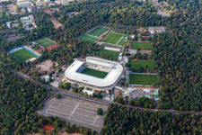 New construction site of the Wildparkstadion of Karlsruher Sport-Club GmbH & Co. KGaA in the district Innenstadt-Ost in Karlsruhe in the state Baden-Wuerttemberg, Germany from above