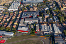 Drone image of Formula 1 race track of Ferrari, Pista di Fiorano, Circuito di Fiorano in Fiorano Modenese in the state Modena, Italy