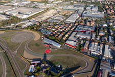 Formula 1 race track of Ferrari, Pista di Fiorano, Circuito di Fiorano in Fiorano Modenese in the state Modena, Italy from the drone perspective