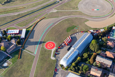 Aerial photograpy of Formula 1 race track of Ferrari, Pista di Fiorano, Circuito di Fiorano in Fiorano Modenese in the state Modena, Italy