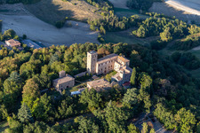 Oblique view of Montegibbio Castle Castello di Montegibbio in the district Il Poggio in Sassuolo in the state Modena, Italy