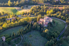 Aerial view of Church of the Nativity of the Beata Vergine Maria in the district Chiesa Albinea in Albinea in the state Reggio Emilia, Italy