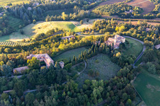 Aerial photograpy of Church of the Nativity of the Beata Vergine Maria in the district Chiesa Albinea in Albinea in the state Reggio Emilia, Italy