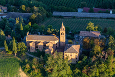 Sanctuary of the Beata Vergine di Lourdes in Montericco in the district Montericco in Albinea in the state Reggio Emilia, Italy from above