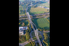 Aerial view of Bridges Ponte di Calatrava, Vela di Calatrava NORTH and SOUTH over the high-speed rail line and Autostrada del Sole in Reggio nell’Emilia in the state Reggio Emilia, Italy