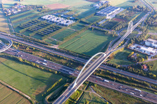 Aerial photograpy of Bridges Ponte di Calatrava, Vela di Calatrava NORTH and SOUTH over the high-speed rail line and Autostrada del Sole in Reggio nell’Emilia in the state Reggio Emilia, Italy